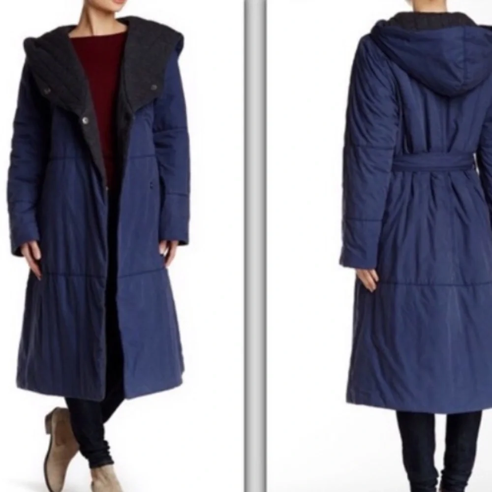Free People Navy and Charcoal Hooded Poplin Blanket Coat